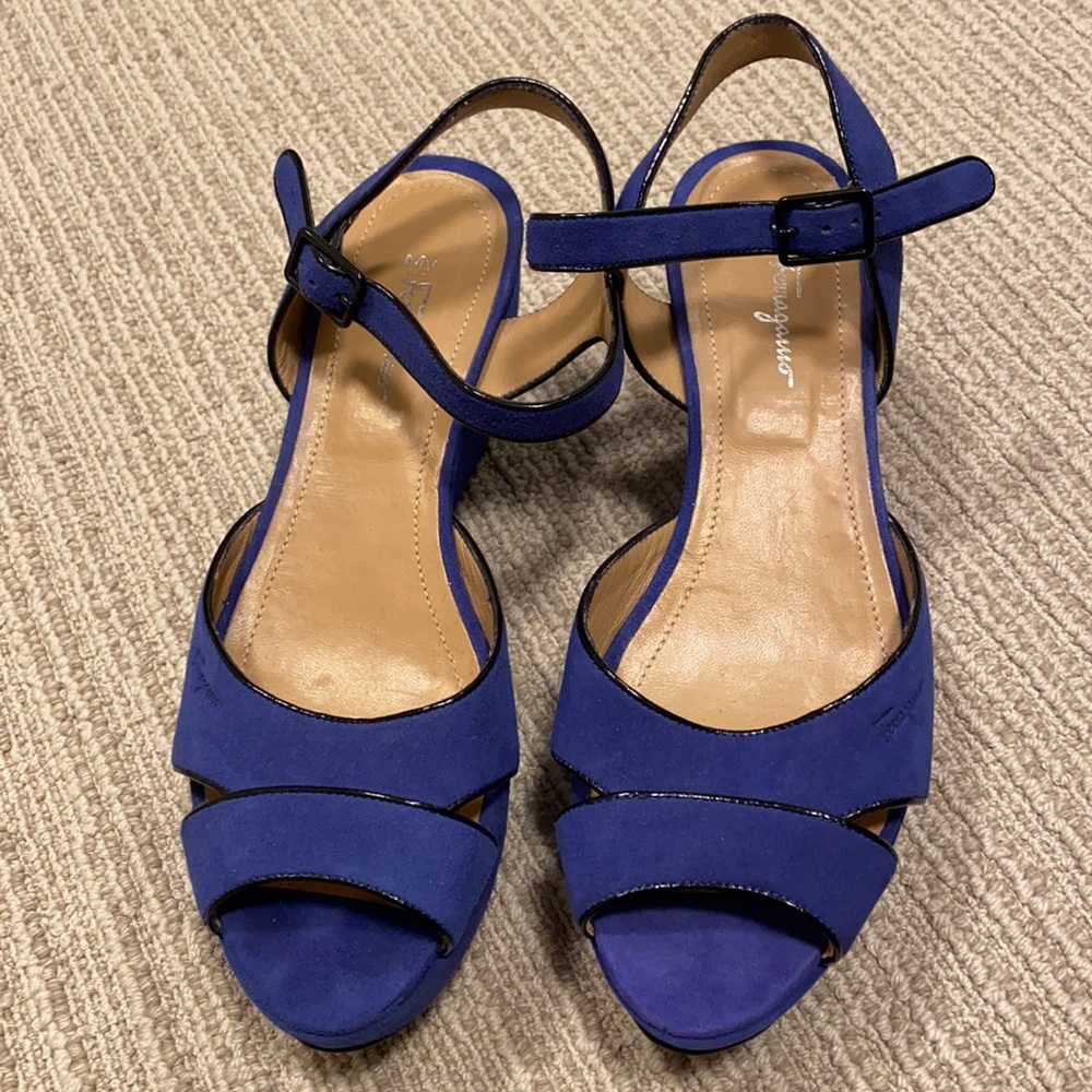 Ferragamo cobalt blue suede wedge heels